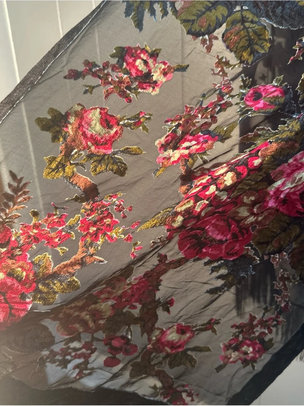 Vintage Black Velvet Burnout Floral Fringe Scarf with Pink and Green Roses
